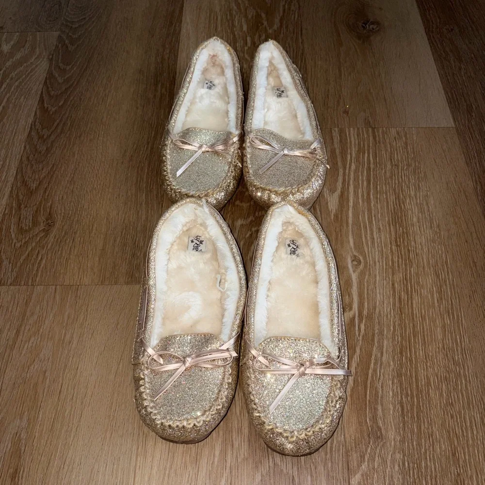 2 Pairs SELF ESTEEM Toddler Girls Glitter Moccasin Shoes Gold Flats Sizes 3 & 4